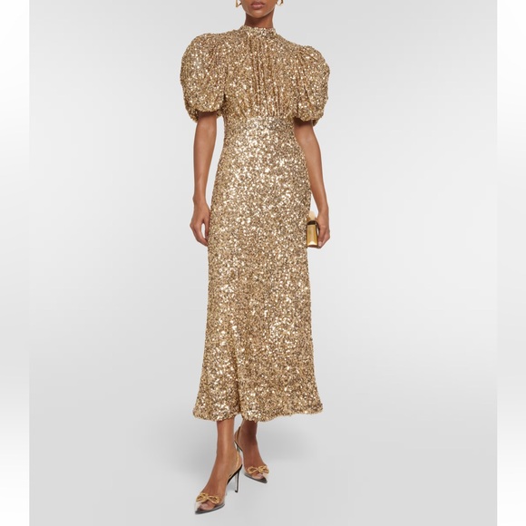 ROTATE Dresses & Skirts - Gold Sequin Midi Dress with Puff Sleeves and High Neck